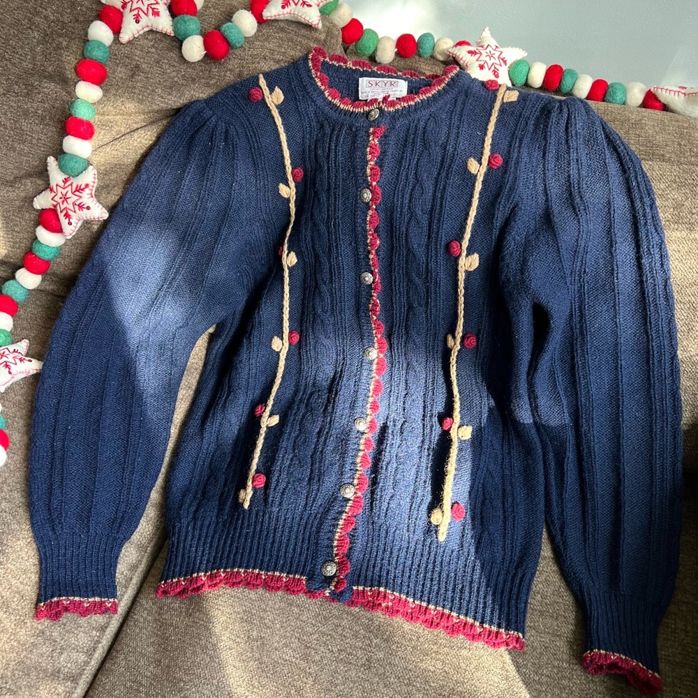 Vintage 100% Shetland wool navy embroidered cardigan sweater - Picture 1 of 8